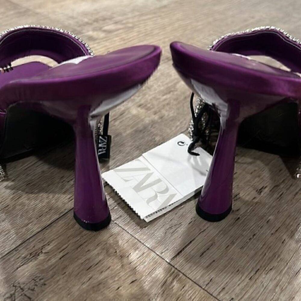 Zara Purple Rhinestone Fringe Mule Heels Statement Sandals NWT - Picture 9 of 14